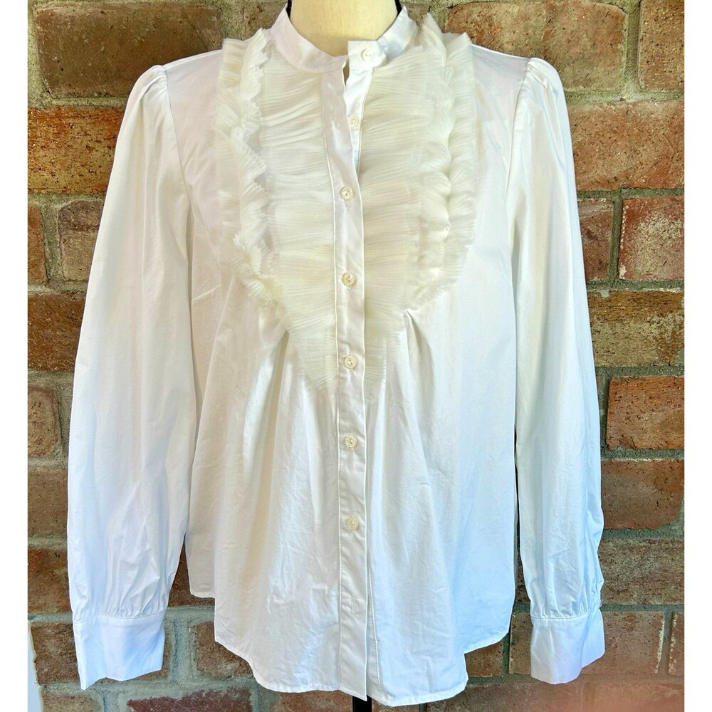 Maeve by Anthropologie White Ruffle Band Collar Button-Up Long Sleeve Blouse M